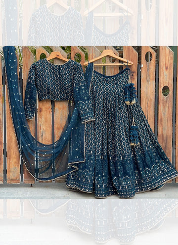 Beautiful Georgette Dark Blue Lucknowi Work Lehenga Choli For Wedding